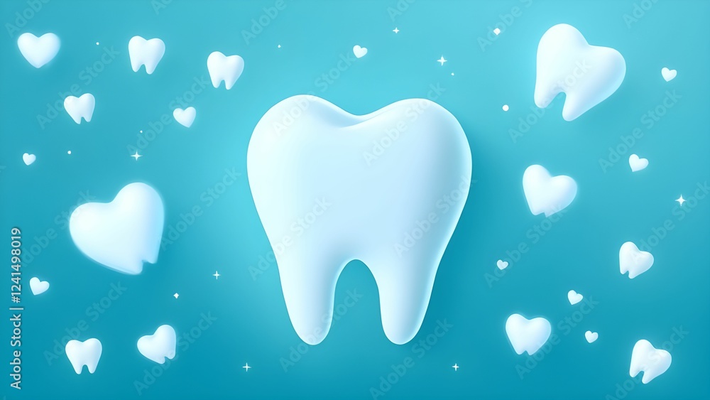 Glowing white tooth designs with a vibrant blue backdrop, symbolizing oral health and cleanliness. National Dentist's Day concept