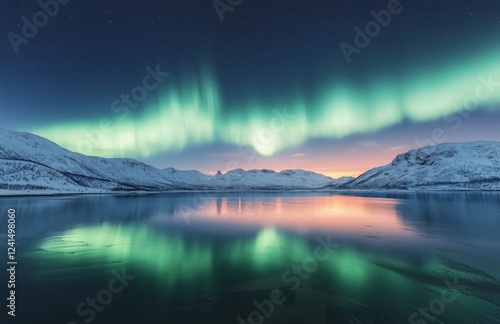 Stunning northern lights illuminate the serene landscape over a frozen lake d...