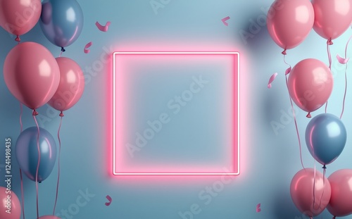 Colorful balloons and neon frame against a blue backdrop for celebrations and...