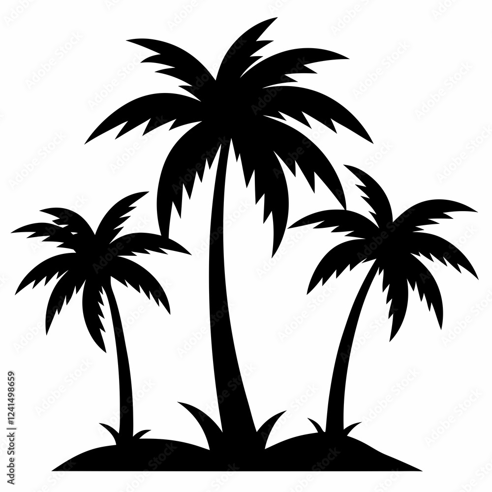 Fototapeta premium A set of isolated black vector silhouettes of various palm tree designs on a white background.