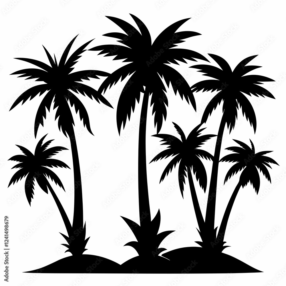 Fototapeta premium A set of isolated black vector silhouettes of various palm tree designs on a white background.