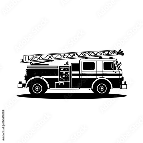Vintage Fire Truck: A Classic Black and White Illustration of a Fire Engine with Ladder. Perfect for Fire Safety Campaigns and Emergency Services Designs.