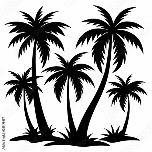 A set of isolated black vector silhouettes of various palm tree designs on a white background.