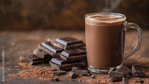 Warm chocolate drink served in glass next to dark chocolate pieces on rustic ...