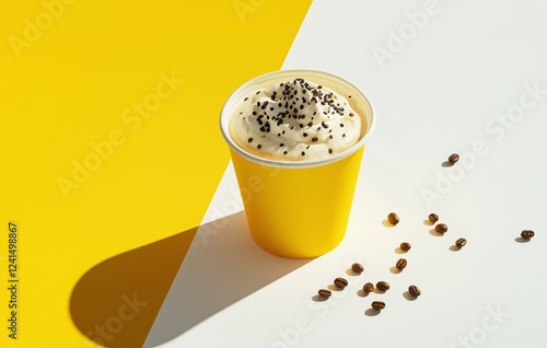 Creamy coffee treat in bright yellow cup with coffee beans on light background