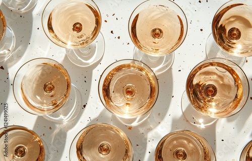 Champagne glasses arranged on a tabletop with subtle reflections during a cel...