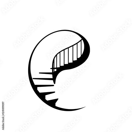 Abstract Spiral Staircase: Modern Architecture Design.  A minimalist black and white illustration of an elegant, circular staircase, perfect for interior design inspiration.
