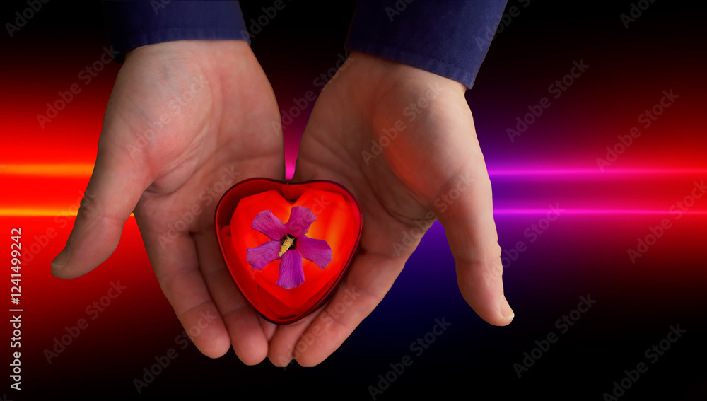 Hands holding a red heart with flower, organ donation and valentine's day concept