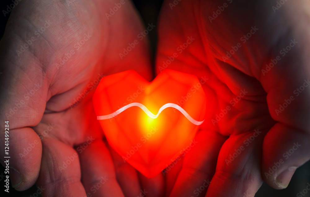 Hands gently holding a glowing heart symbol