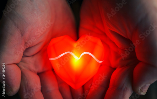 Obraz na płótnie Hands gently holding a glowing heart symbol w salonie