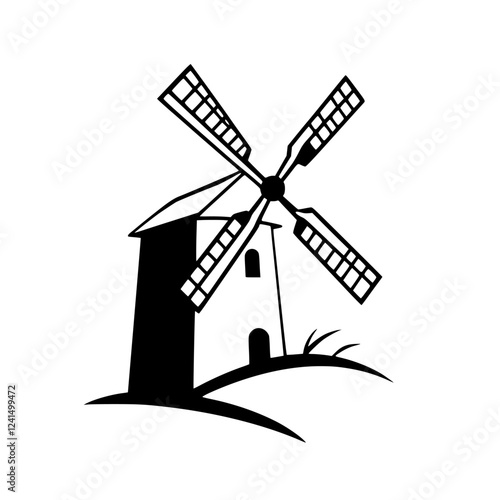 Classic Windmill in the Countryside: A Black and White Illustration of a Rural Landscape