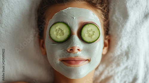 Woman relaxes at home with a facial mask and cucumber slices on her eyes, enjoying a spa-like experience during the afternoon