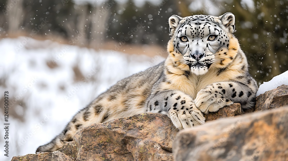 A majestic snow leopard resting on a rocky outcrop, with a snow-covered mountain backdrop A majestic snow leopard resting on a rocky outcrop, with a snow-covered mountain backdrop