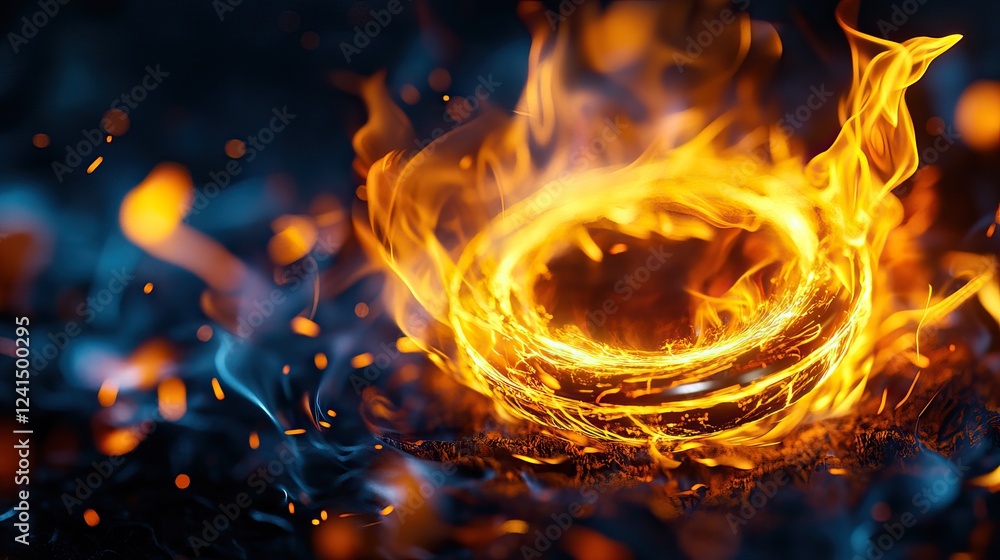 Fototapeta premium A fiery, glowing ring surrounded by vibrant flames and sparks, set against a dark, textured background, creating a dynamic visual effect.