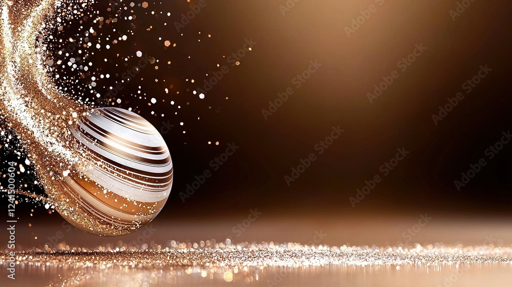 A gold and white Christmas ornament floats on a shiny surface against a blurry background A gold and white Christmas ornament floats on a shiny surface against a blurry background