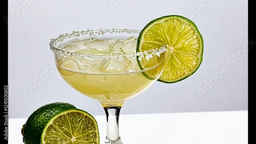A refreshing margarita cocktail served in a glass with lime garnish.