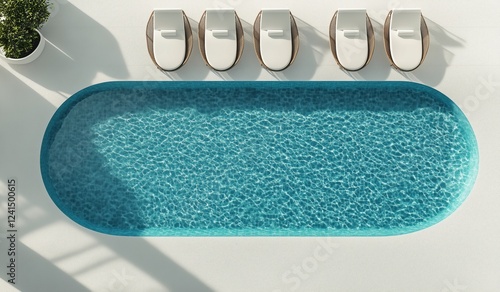 Relaxing atmosphere at a modern swimming pool with lounge chairs under clear ...