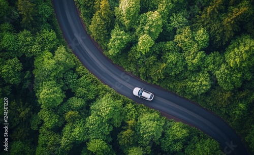 Scenic drive through a lush green forest along a winding road at sunrise
