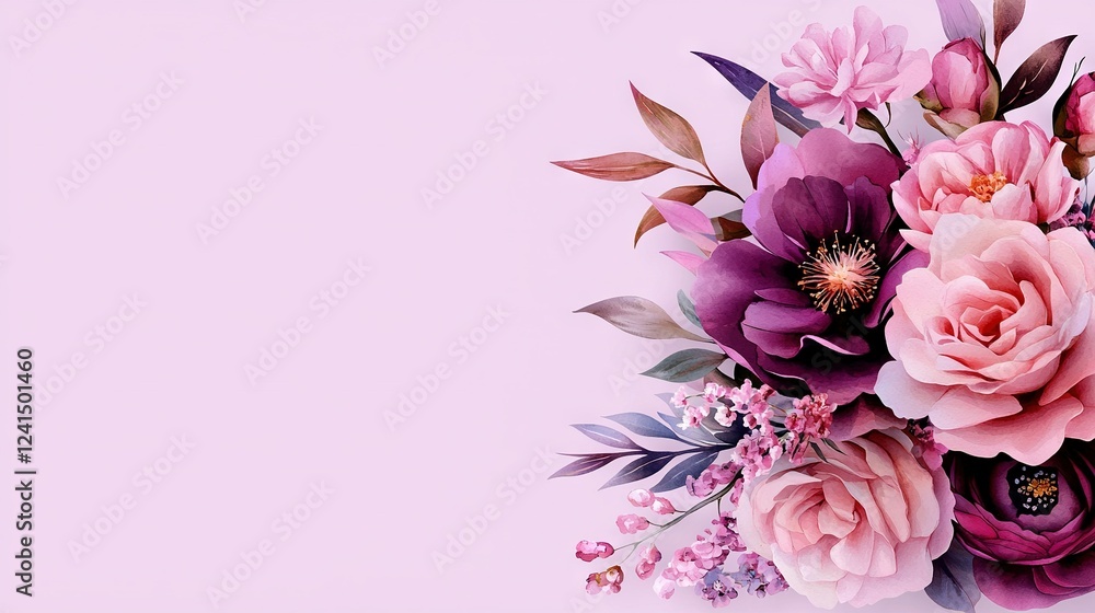 A close-up of a bouquet of flowers on a pink background with space for text or image A close-up of a bouquet of flowers on a pink background with space for text or image