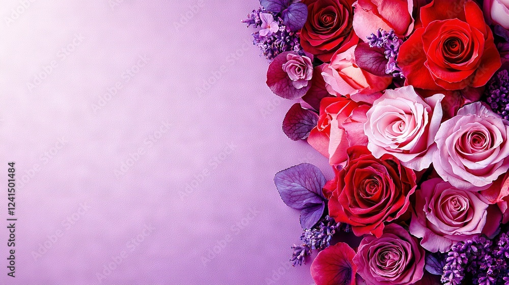A close-up of a bouquet on a purple background with space for text or insertion A close-up of a bouquet on a purple background with space for text or insertion