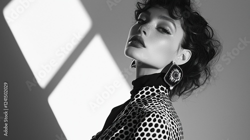Model poses dramatically in black and white striped fashion with bold lighting design