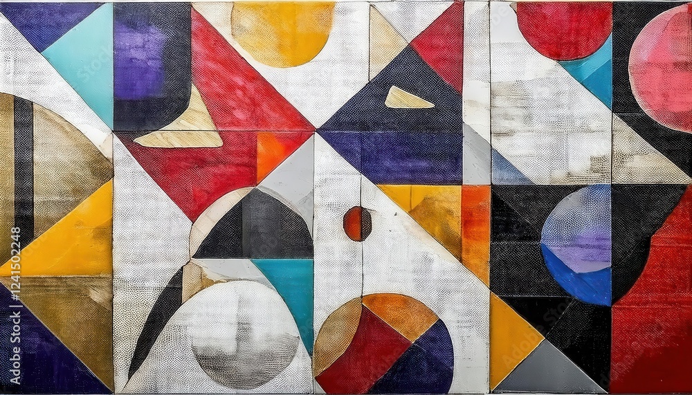 Fototapeta premium abstract geometric composition with intersecting semicircles, triangles, and bold colors on textured canvas for modern decor
