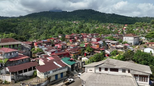 Sao Tome and Principe - Aerial View of S. João de Angolares. Colorful Town Surrounded by Lush Tropical Hills and Rainforest.