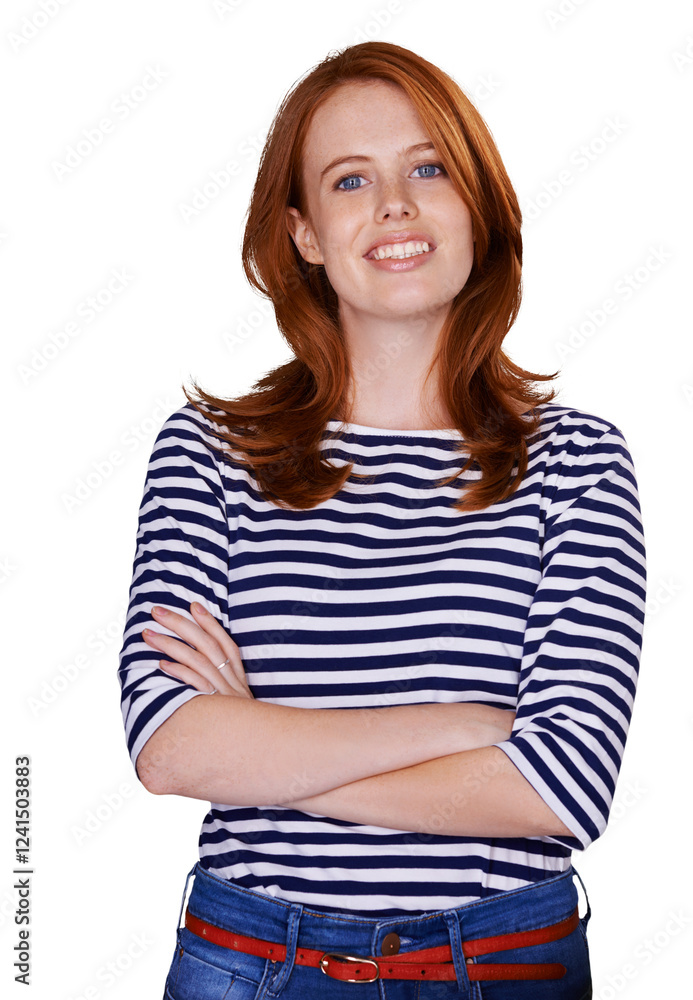 Portrait, fashion and arms crossed with a redhead woman isolated on transparent background for style, Smile, happy and clothes with a trendy young ginger model on PNG to wear a casual clothes outfit Portrait, fashion and arms crossed with a redhead woman isolated on transparent background for style, Smile, happy and clothes with a trendy young ginger model on PNG to wear a casual clothes outfit