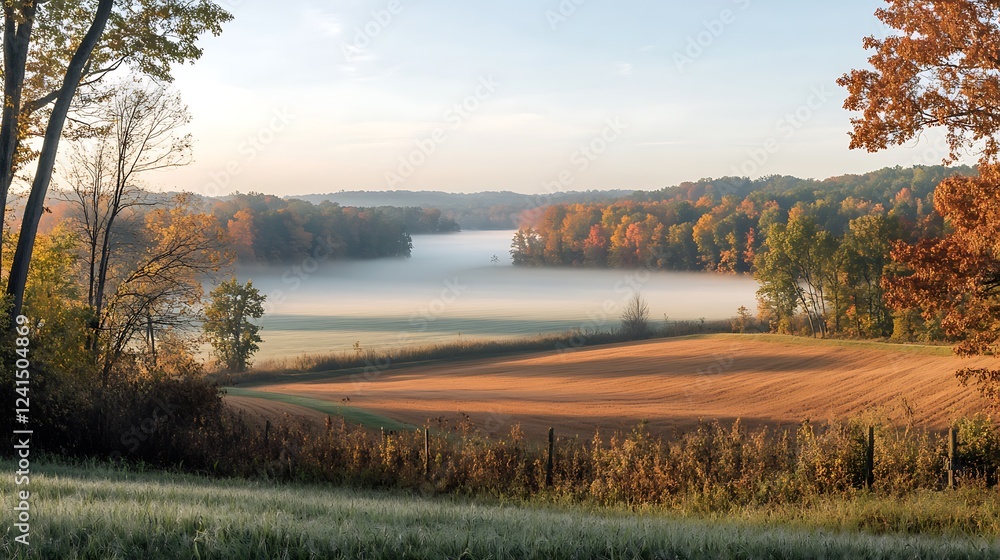 A misty morning over a tranquil valley, with soft fog rolling across fields and trees, creating a dreamy atmosphere A misty morning over a tranquil valley, with soft fog rolling across fields and trees, creating a dreamy atmosphere