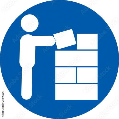 blue circular safety sign, a person stacking or organizing boxes, manual handling, workplace safety, correct storage, prevent accidents and ensure efficiency