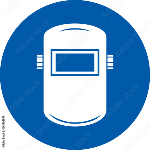 blue circular safety sign, welding helmet with a rectangular visor, mandatory face protection.