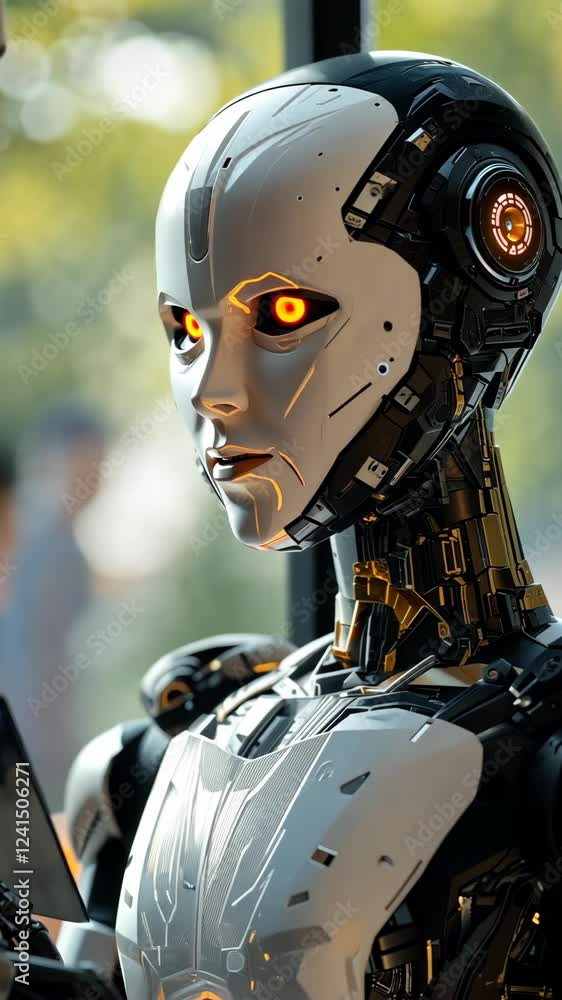 Robotic humanoid interacts with human in a modern tech environment during daylight Robotic humanoid interacts with human in a modern tech environment during daylight