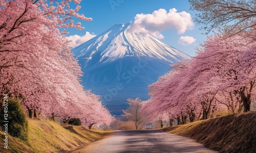 Scenic cherry blossom pathway with Mount in the background on a clear day