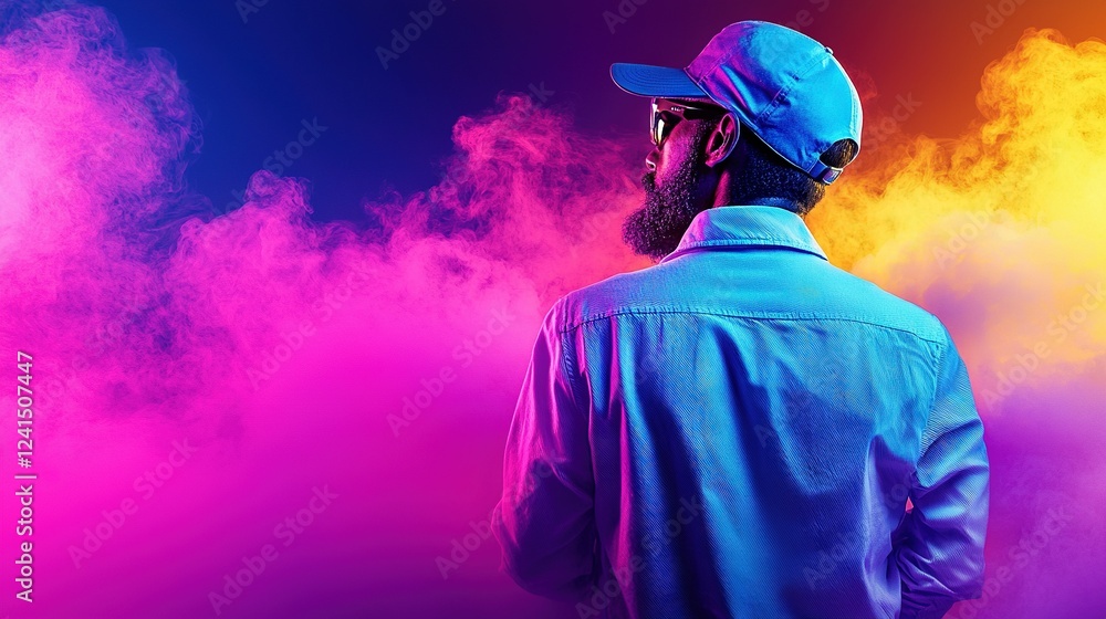 A man with a beard and a blue baseball cap is standing in front of a cloud of pink and blue smoke A man with a beard and a blue baseball cap is standing in front of a cloud of pink and blue smoke