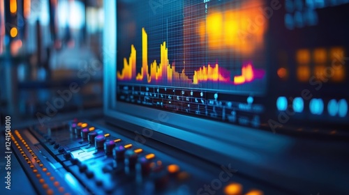 A medium closeup of an advanced spectrometer displaying data on a digital screen. The vibrant graphs and peaks indicate the successful detection of a rare isotope emphasizing the analytical