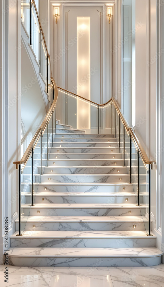 Fototapeta premium Elegant Marble Staircase with Glass Railing and Gold Accents
