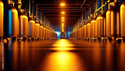 A linear arrangement of metallic cylinders under warm lighting, creating a visually striking industrial scene. photo