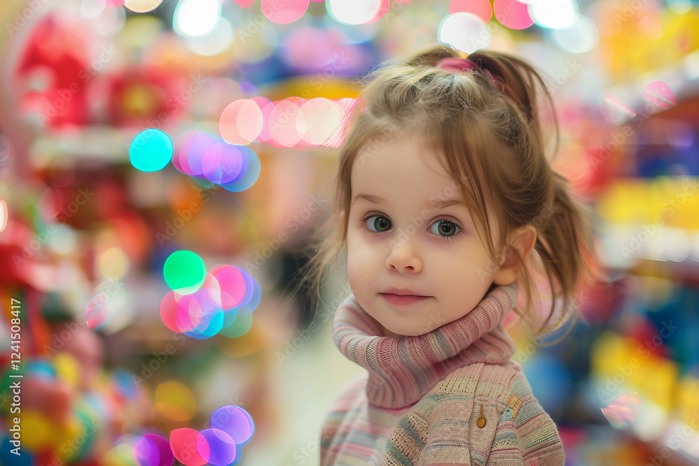 Generative AI image of a cheerful child enjoying a visit to a colorful toy store Generative AI image of a cheerful child enjoying a visit to a colorful toy store