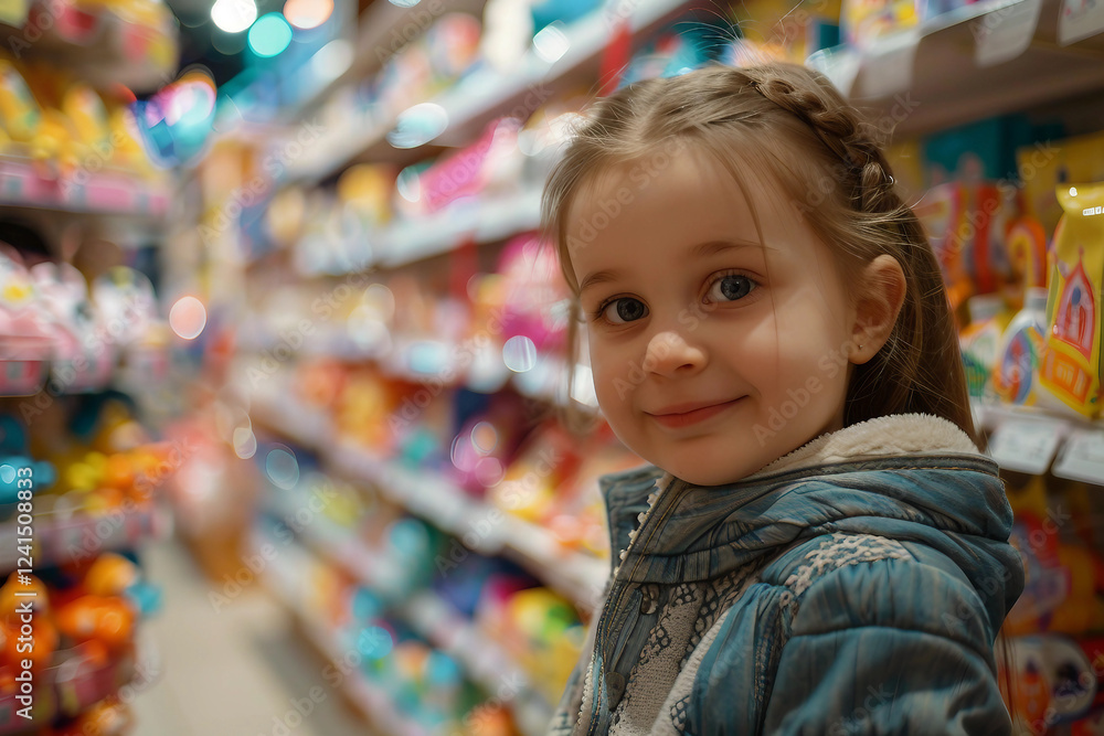 Generative AI image of a cheerful child enjoying a visit to a colorful toy store Generative AI image of a cheerful child enjoying a visit to a colorful toy store