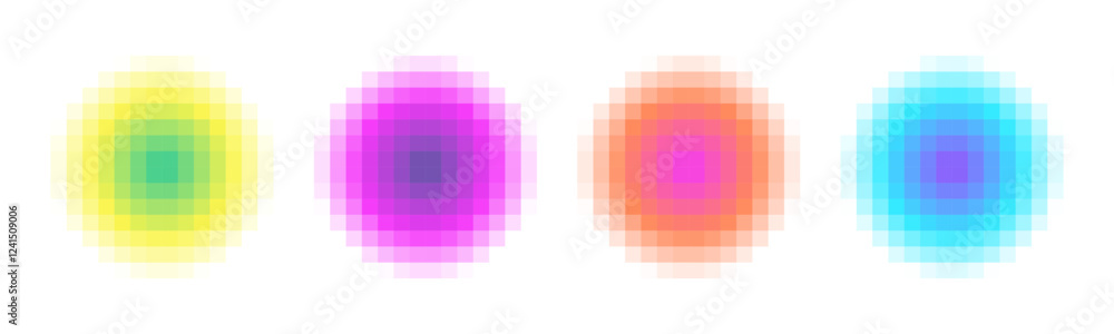 Simple Pixel Circle Gradient print. Colorful Abstract Gradation Backgrounds. Blur effect Circle mosaic. Square shapes. Electric pink. Noise round forms. Bright colors. Cyber futuristic style. Grid