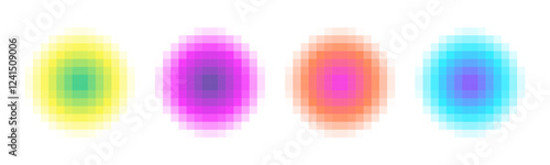 Simple Pixel Circle Gradient print. Colorful Abstract Gradation Backgrounds. Blur effect Circle mosaic. Square shapes. Electric pink. Noise round forms. Bright colors. Cyber futuristic style. Grid