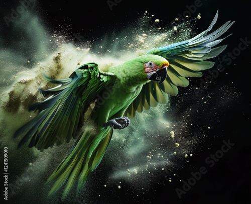 Green parrot in mid-flight surrounded by vibrant dust