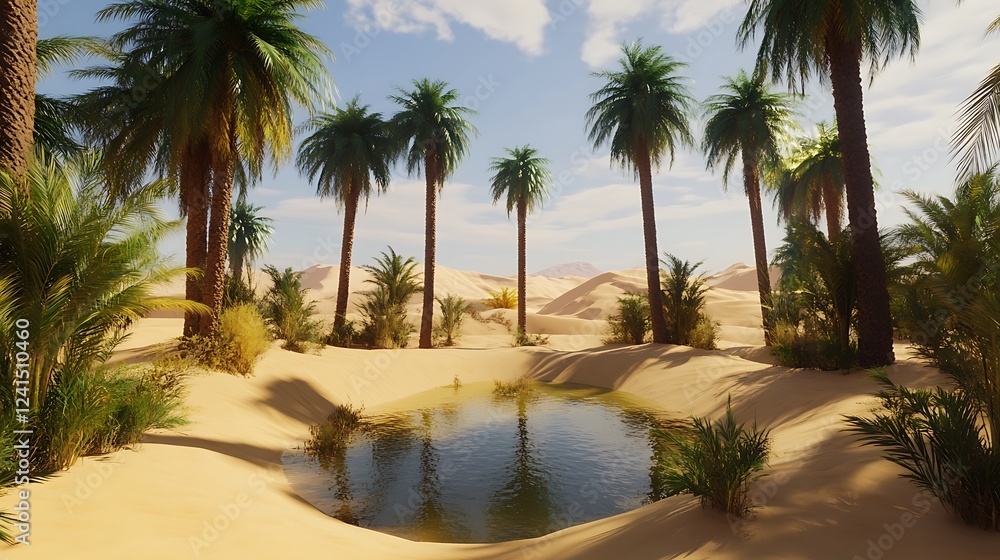 Fototapeta premium A peaceful desert oasis with a small pond surrounded by tall palm trees, and soft golden sand stretching into the horizon