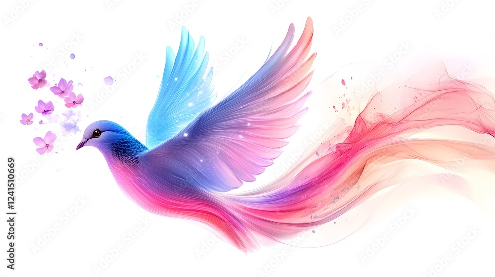 Fototapeta premium Majestic Avian Spirit Enchanting Colorful Bird in Flight with Ethereal Feathers