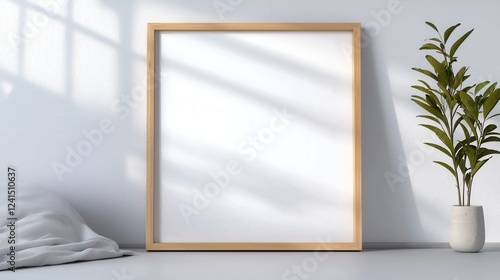 Stylish interior featuring a blank frame and a potted plant, ideal for decoration, design, or art inspiration.