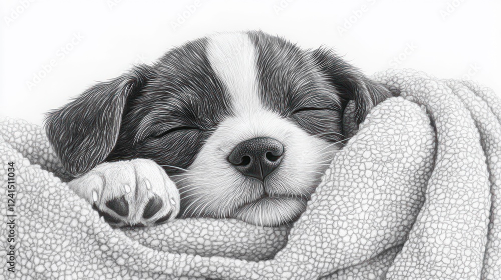Puppy sleeping peacefully in blanket, monochrome studio shot, calm background, pet adoption Puppy sleeping peacefully in blanket, monochrome studio shot, calm background, pet adoption