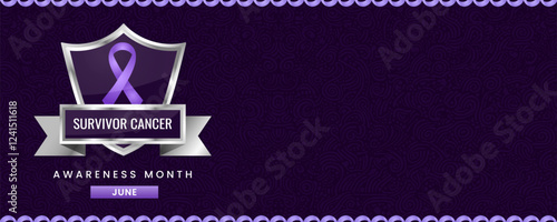 A horizontal banner design featuring a purple ribbon on a silver shield, symbolizing Survivor Cancer Awareness Month. The banner has a dark purple background.
