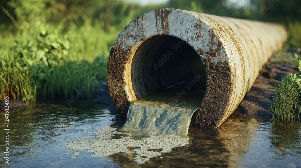 Wastewater, A high-fidelity rendering of a sewage outflow pipe, showcasing realistic details and textures for architectural or environmental use. Wastewater, A high-fidelity rendering of a sewage outflow pipe, showcasing realistic details and textures for architectural or environmental use.