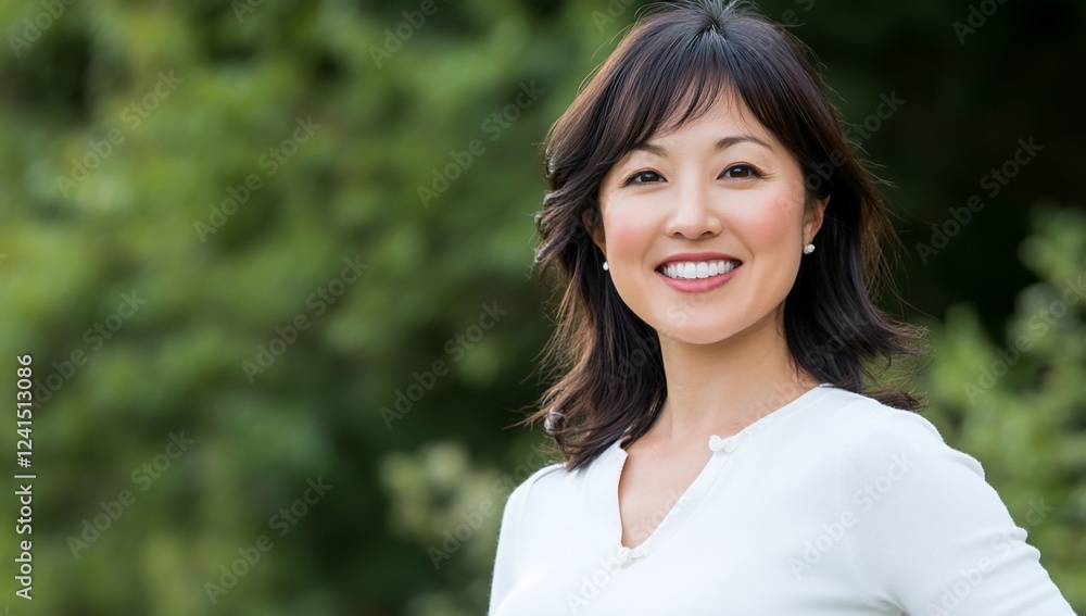 Happy woman portrait, outdoors, green background, for website Happy woman portrait, outdoors, green background, for website
