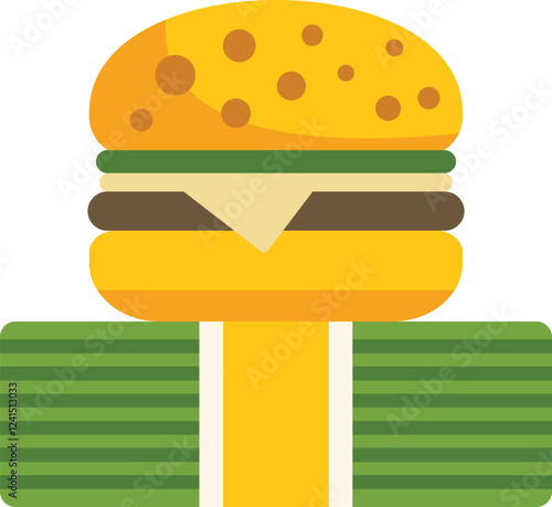 Illustration featuring a big cheeseburger standing on a stack of money bills, representing the concept of expensive food and rising food costs